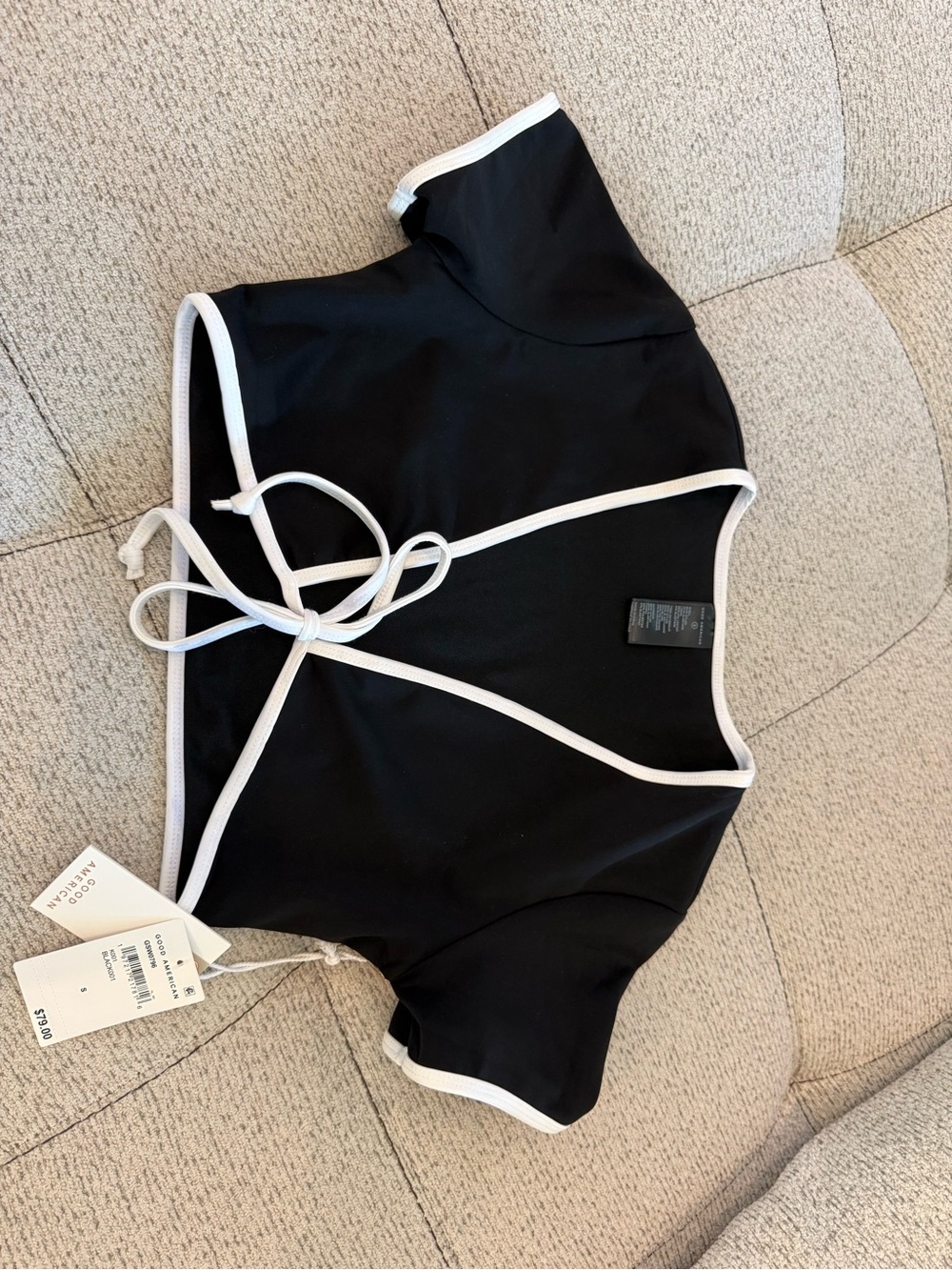 Good American Black Swim Bikini Top with White Trim
